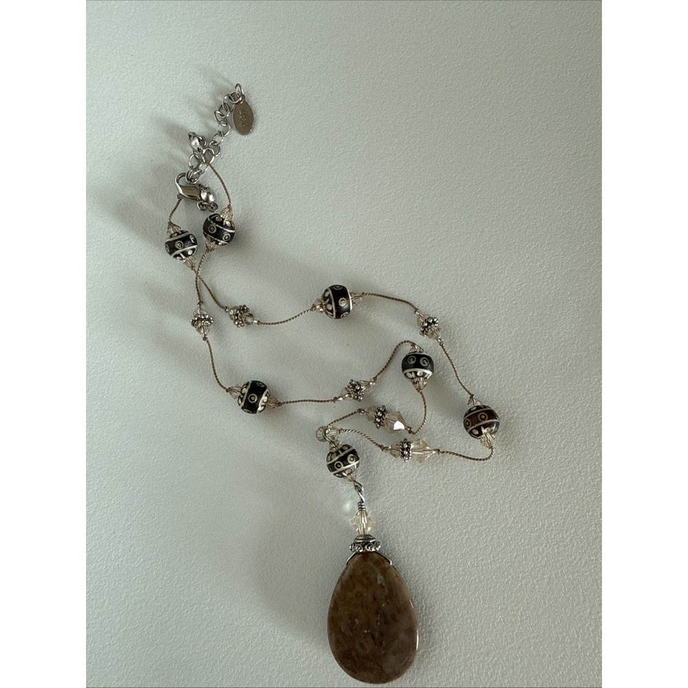 Alexis K.‎ Carved Beads Necklace With Teardrop Gem Stone Pendant 20"
